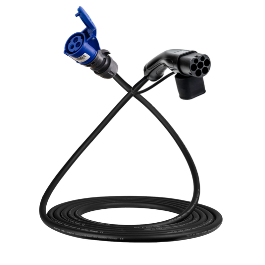 Adapter cable type 2 (charging station side) to 3-pole 16A blue commando socket