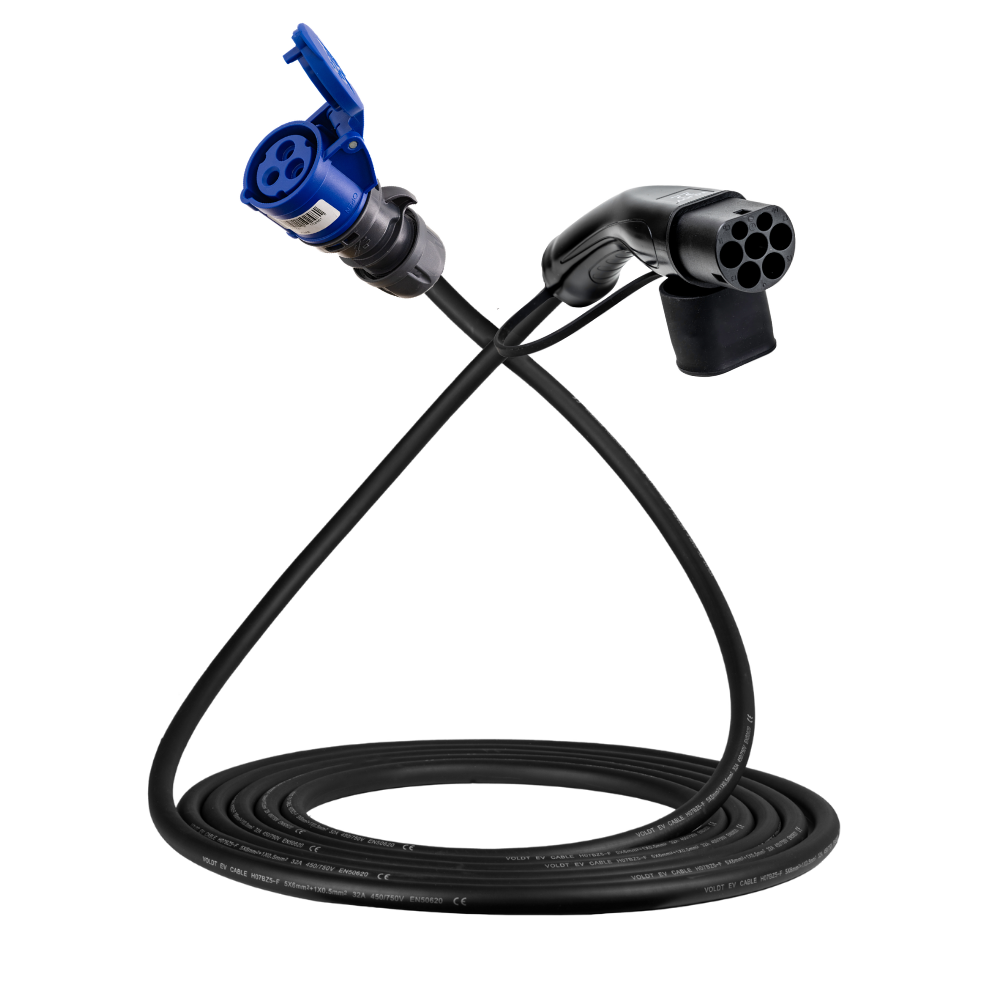 Adapter cable type 2 (charging station side) to 3-pole blue 32A commando socket