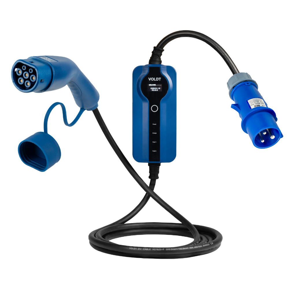 Type 2 - 32A blue commando socket | 1 phase | Adjustable 8A - 32a | 7.4kW charging cable