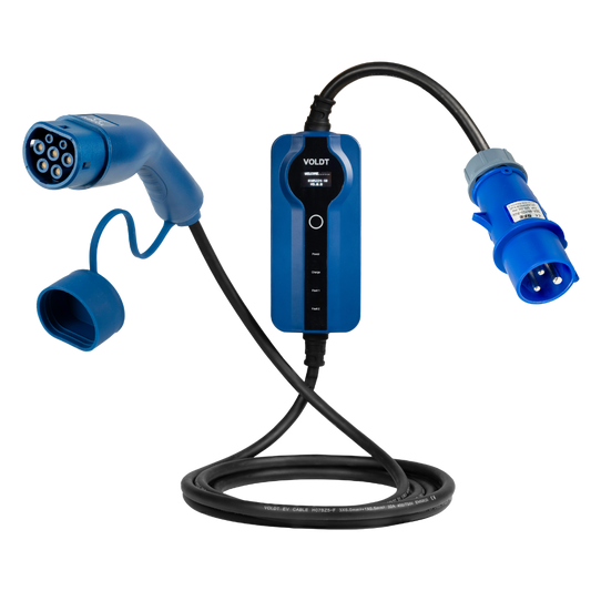 Type 2 - 32A blue commando socket | 1 phase | Adjustable 8A - 32a | 7.4kW charging cable