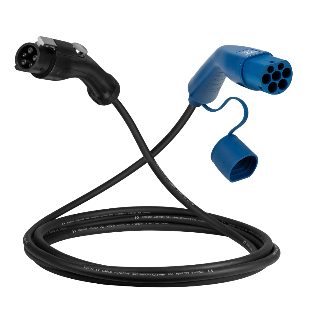 Type 1 - type 2 | 1 phase | 16A | 3,7kW charging cable
