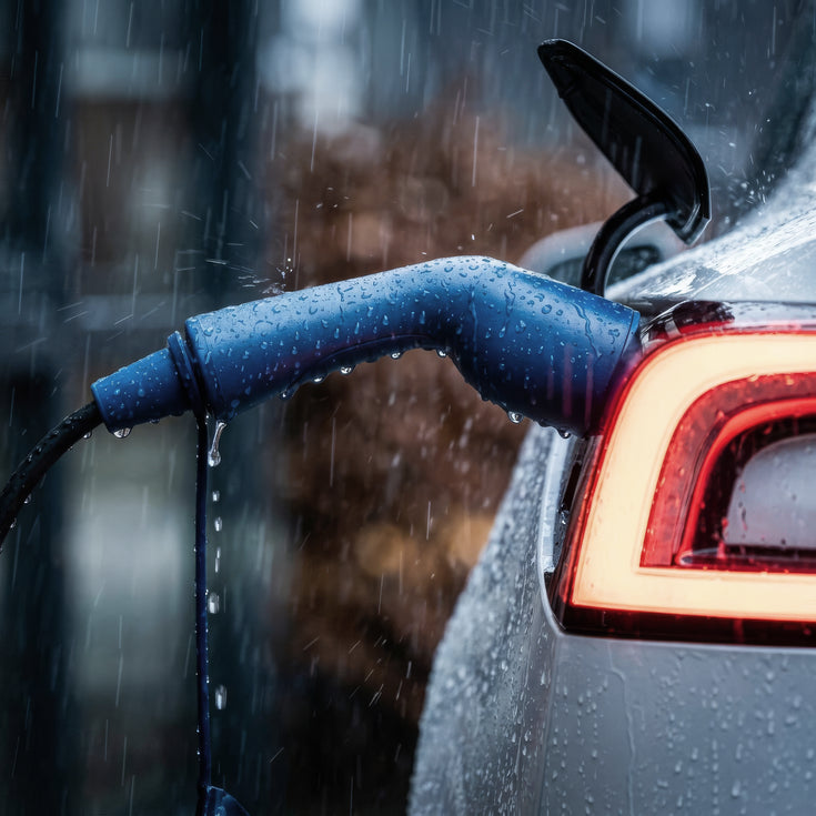 Weatherproof EV charging connector plugged into a car with rain drops on the bodywork