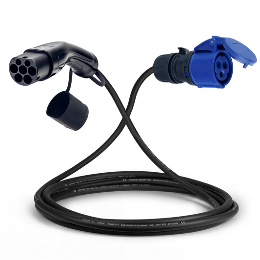 Adapter cable type 2 (charging station side) to 3-pole 16A blue commando socket