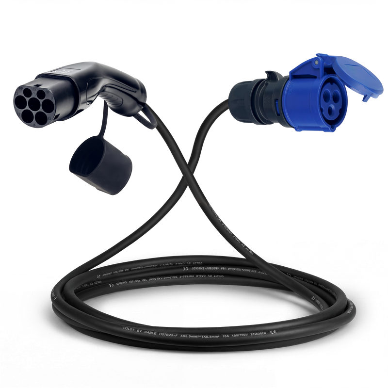 Adapter cable type 2 (charging station side) to 3-pole 16A blue commando socket