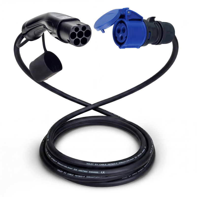Adapter cable type 2 (charging station side) to 3-pole blue 32A commando socket